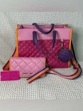 Betsey Johnson Xobecca Pink Purple Quilted Tote Bag Satchel Wallet Wristlet Set